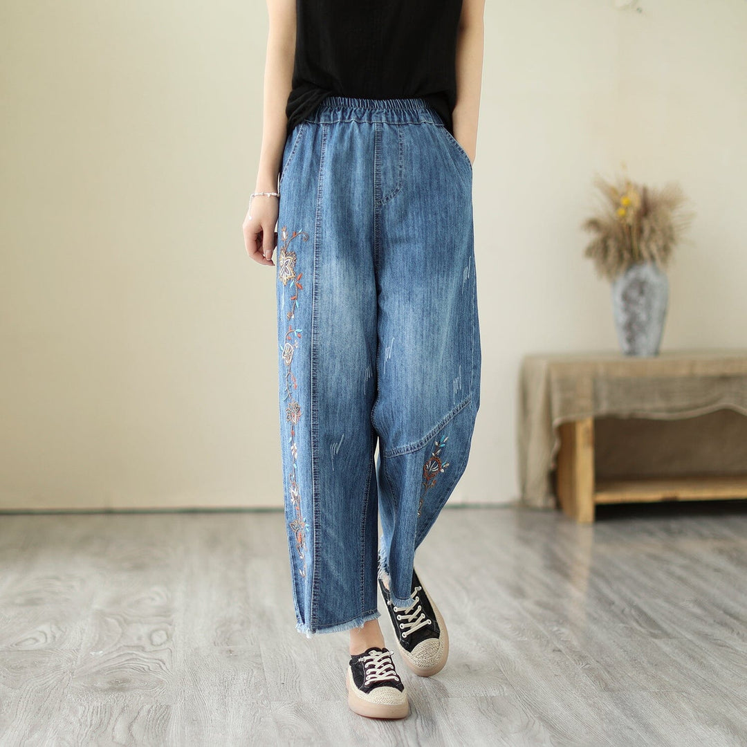 Summer Casual Embroidery Wide Leg Denim Pants