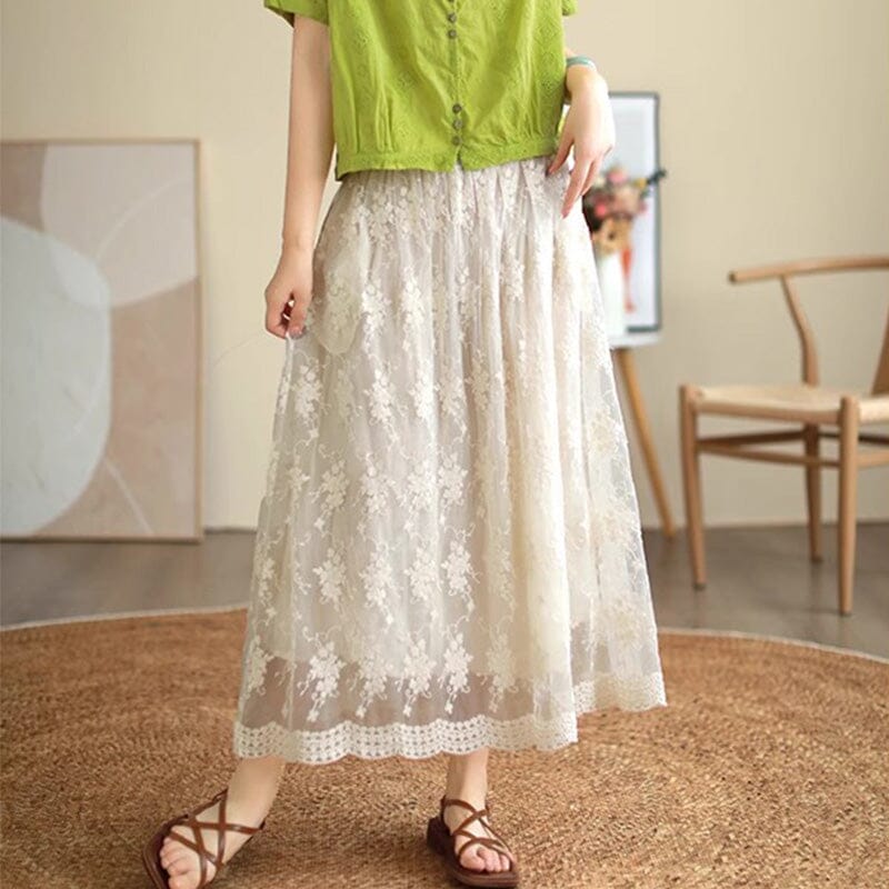 Summer Fashion Cotton Lace Embroidery A-Line Skirt