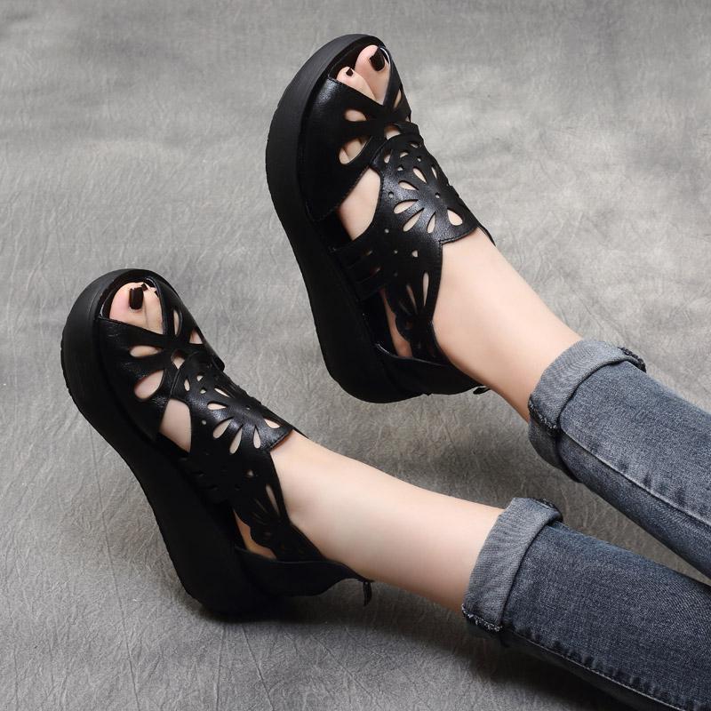 Summer Handmade Leather Retro Platform Hollow Sandals