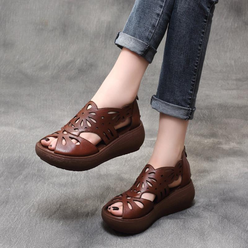 Summer Handmade Leather Retro Platform Hollow Sandals