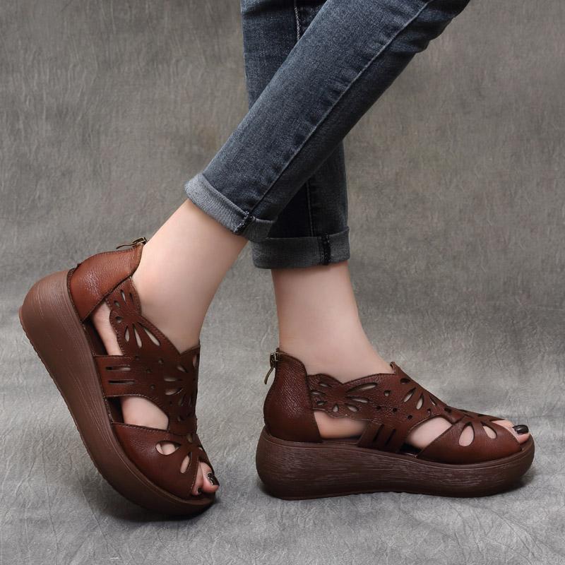 Summer Handmade Leather Retro Platform Hollow Sandals