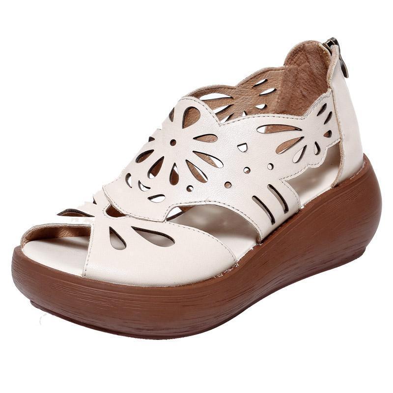 Summer Handmade Leather Retro Platform Hollow Sandals