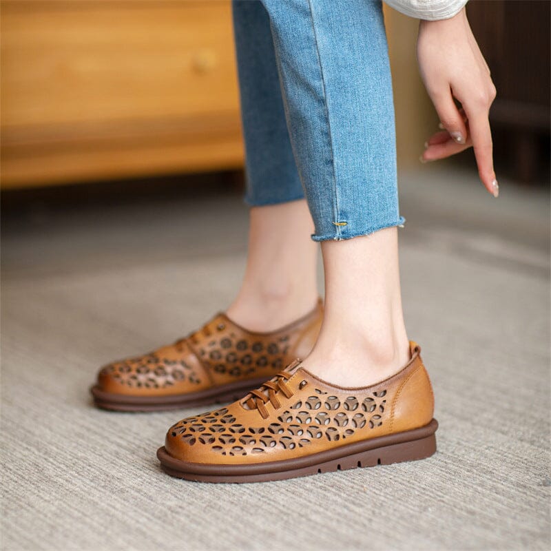 Summer Hollow Leather Breathable Flat Casual Shoes