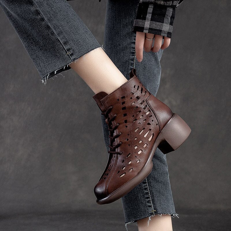 Summer Hollow Leather Chunky Lug Sole Boots