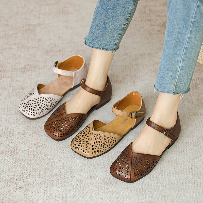 Hollow Leather Retro Square Head Casual Sandals