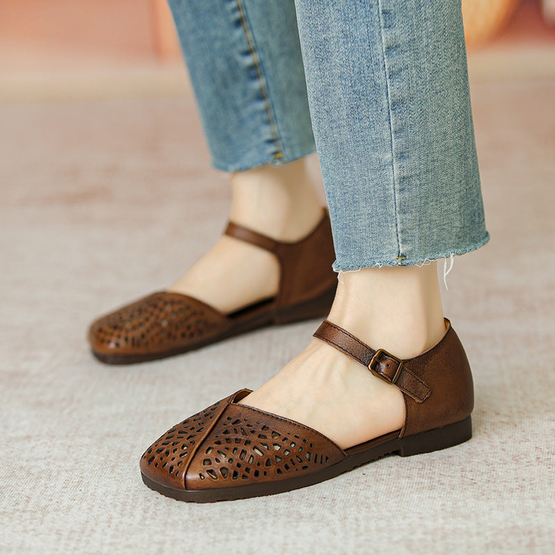 Hollow Leather Retro Square Head Casual Sandals