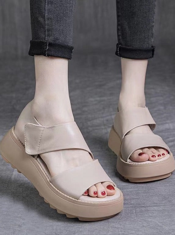 Summer Leather Retro Velcro Tape Wedge Sandals For Women