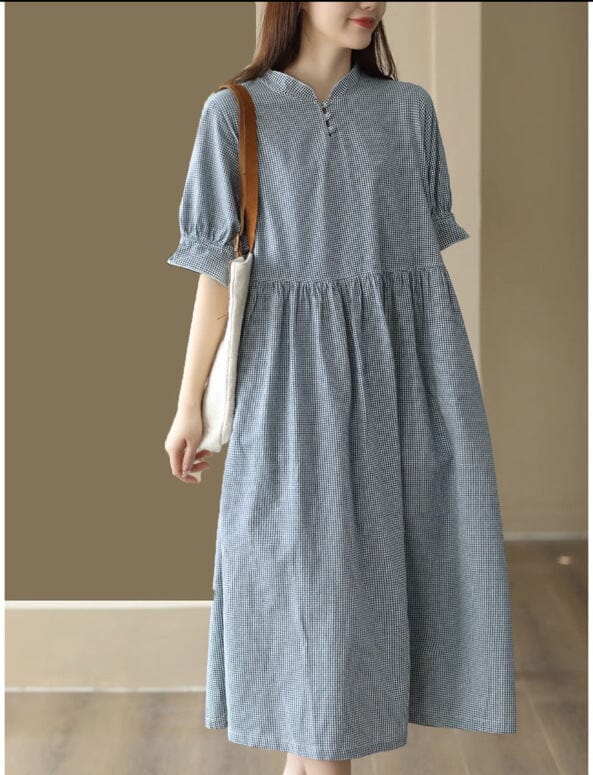 Summer Casual Loose Plaid Linen Dress Short Sleeve