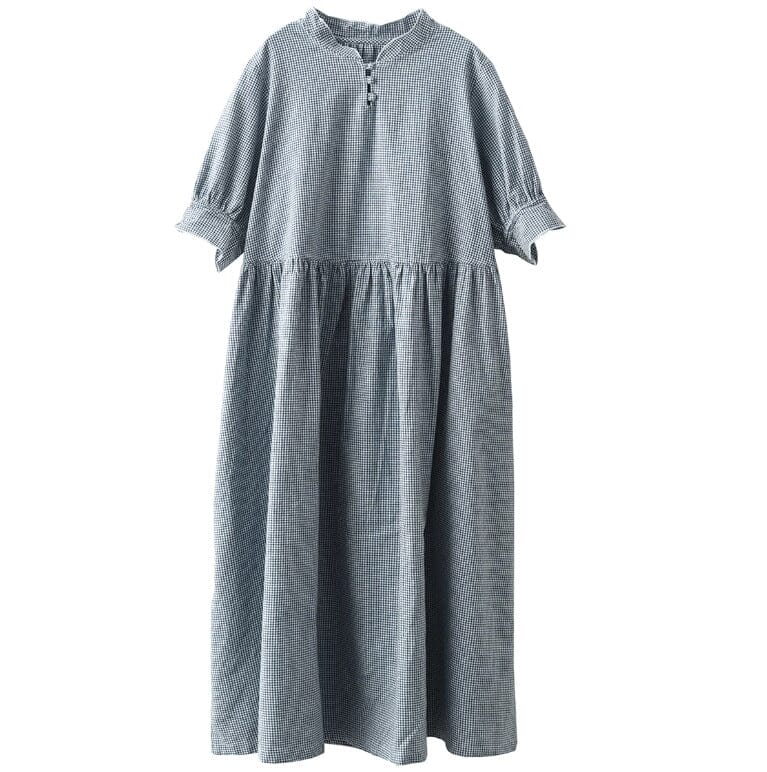 Summer Casual Loose Plaid Linen Dress Short Sleeve