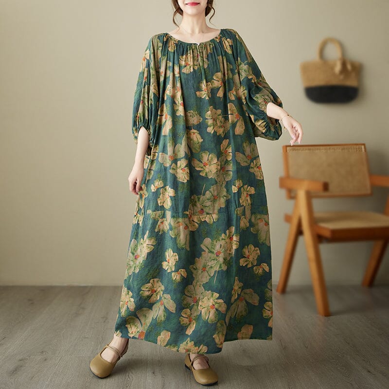 Loose Green Floral Print Cotton Linen Dress Half Sleeve Summer