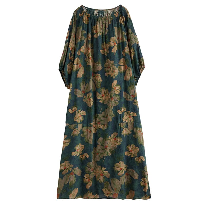 Loose Green Floral Print Cotton Linen Dress Half Sleeve Summer