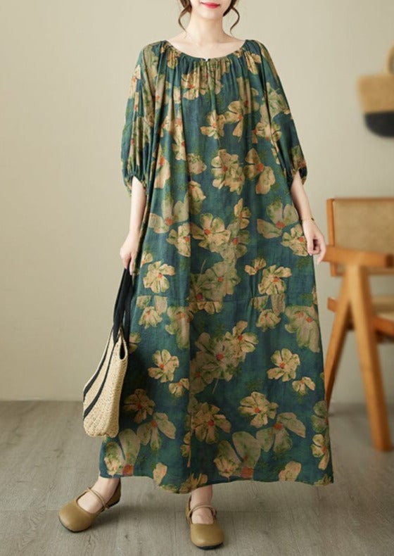 Loose Green Floral Print Cotton Linen Dress Half Sleeve Summer