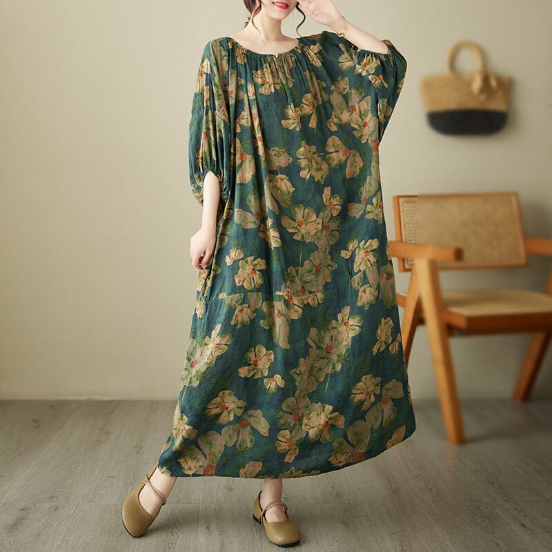 Loose Green Floral Print Cotton Linen Dress Half Sleeve Summer