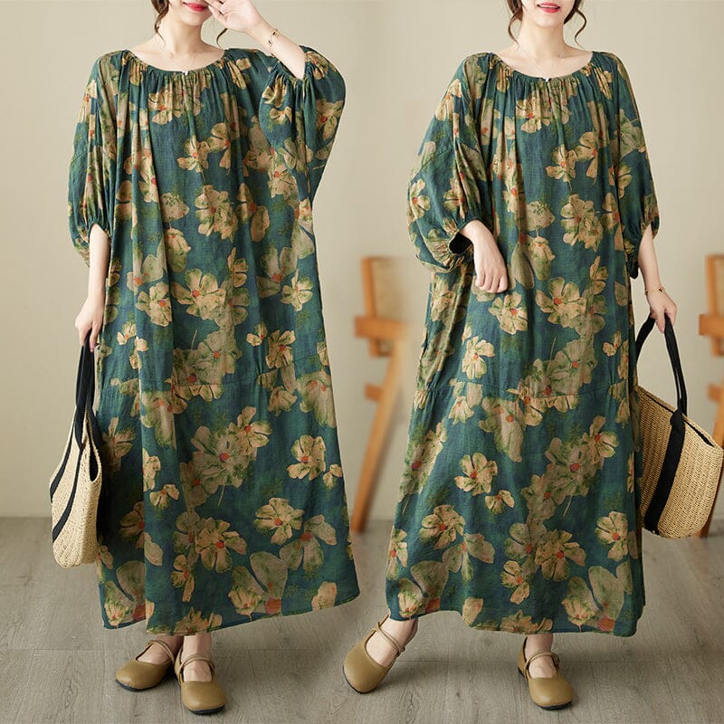 Loose Green Floral Print Cotton Linen Dress Half Sleeve Summer