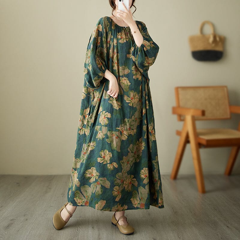 Loose Green Floral Print Cotton Linen Dress Half Sleeve Summer