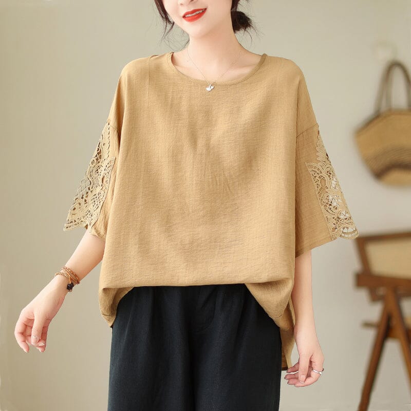 Casual Loose Lace Patchwork Cotton Tops Summer