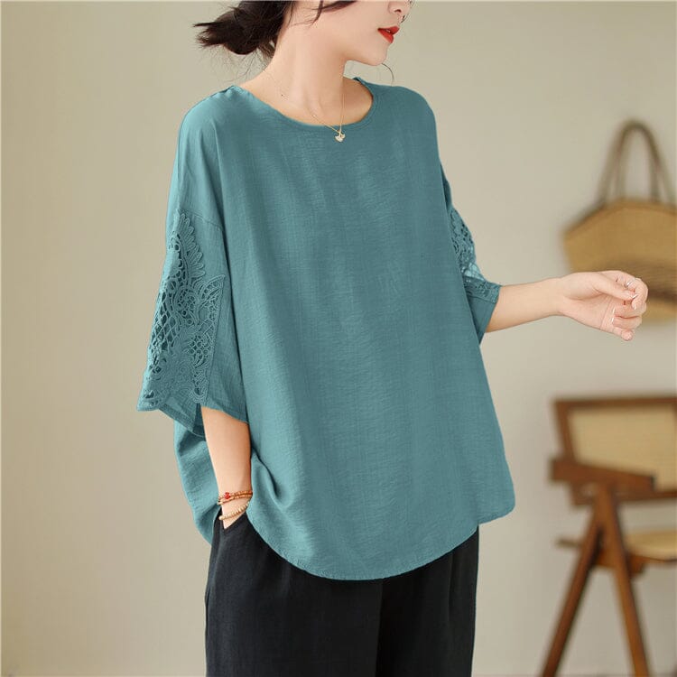Casual Loose Lace Patchwork Cotton Tops Summer