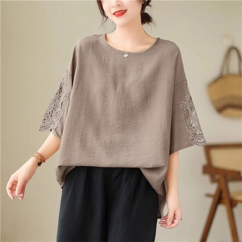 Casual Loose Lace Patchwork Cotton Tops Summer