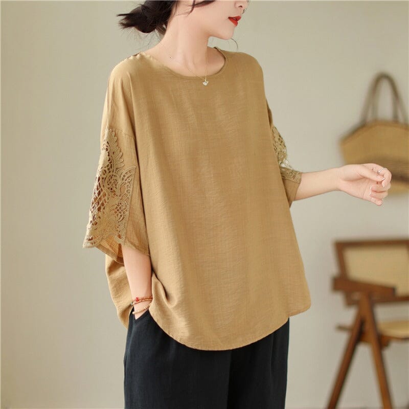 Casual Loose Lace Patchwork Cotton Tops Summer