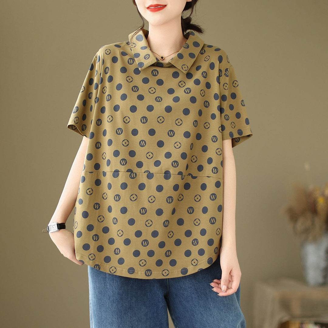 Loose Casual Polka Dot Print Polo Neck Top