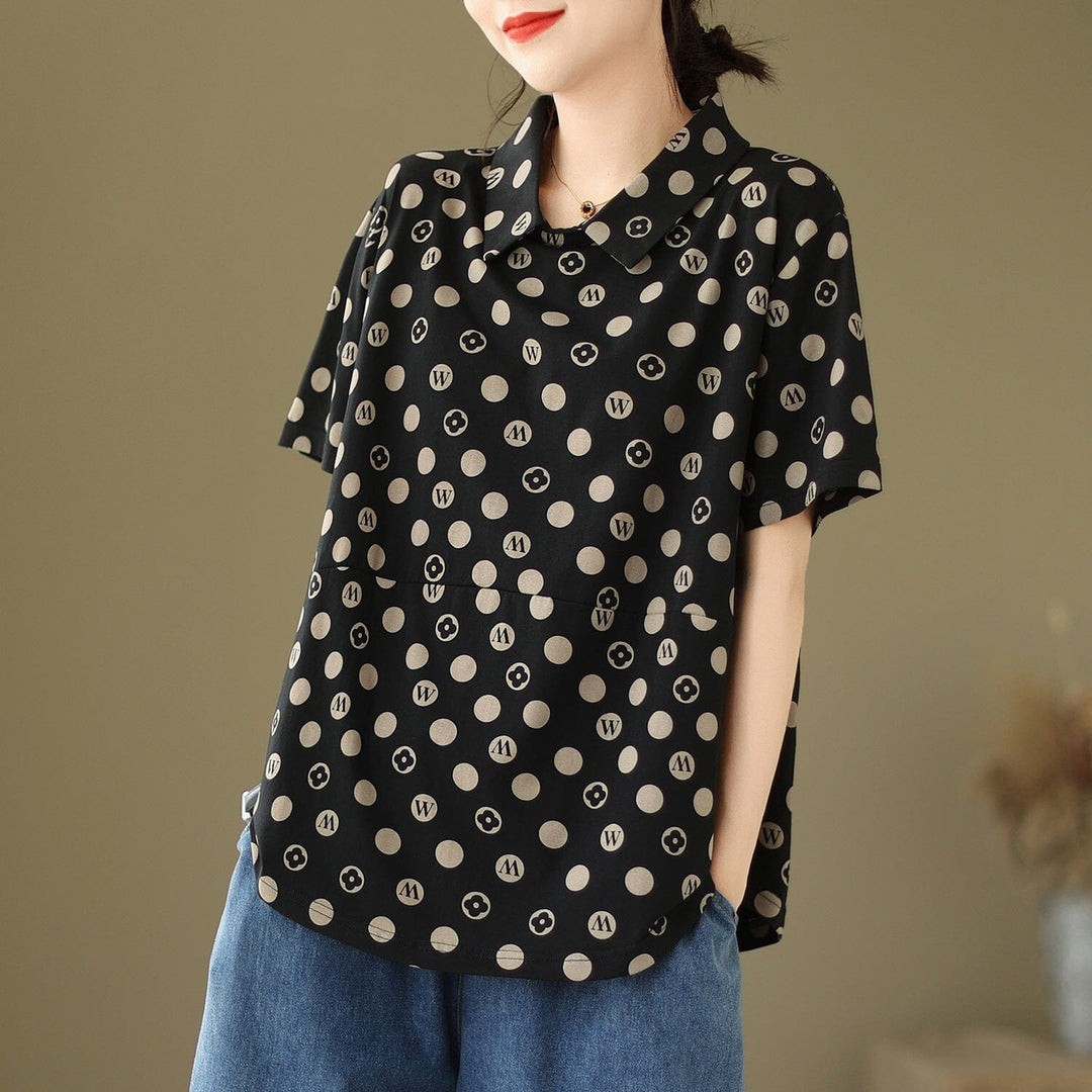 Loose Casual Polka Dot Print Polo Neck Top