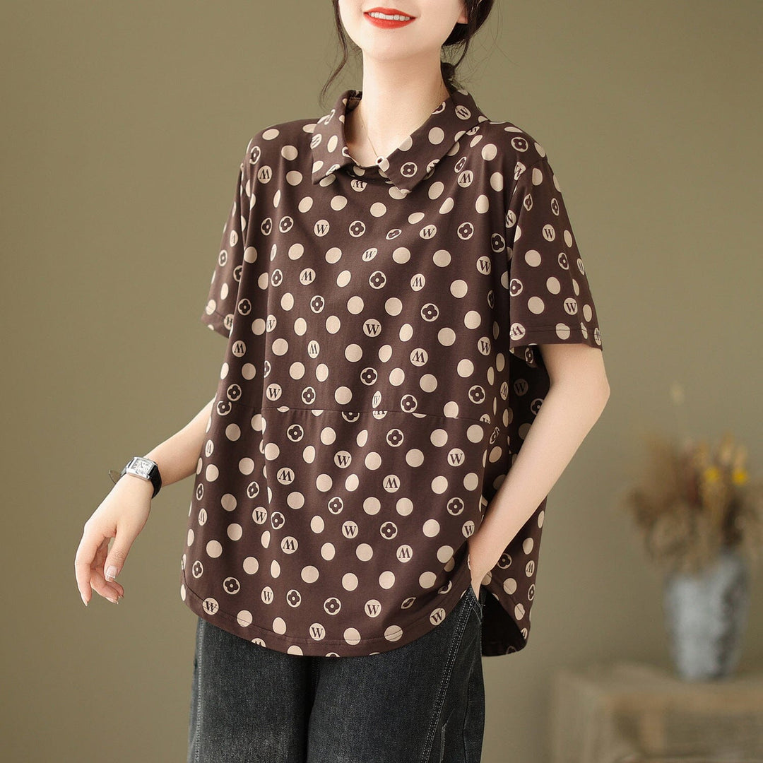 Loose Casual Polka Dot Print Polo Neck Top