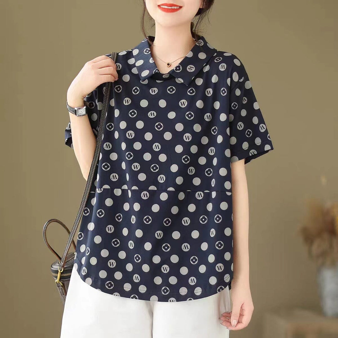 Loose Casual Polka Dot Print Polo Neck Top