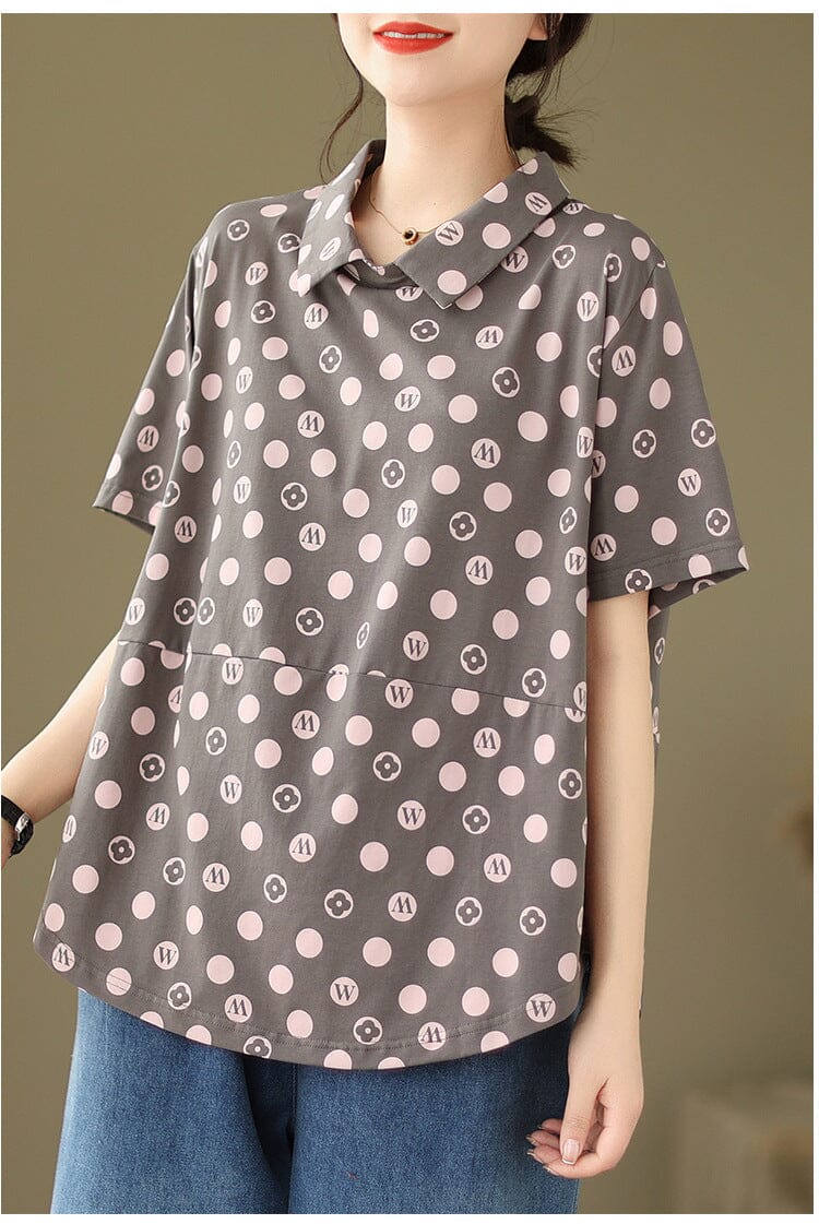 Loose Casual Polka Dot Print Polo Neck Top