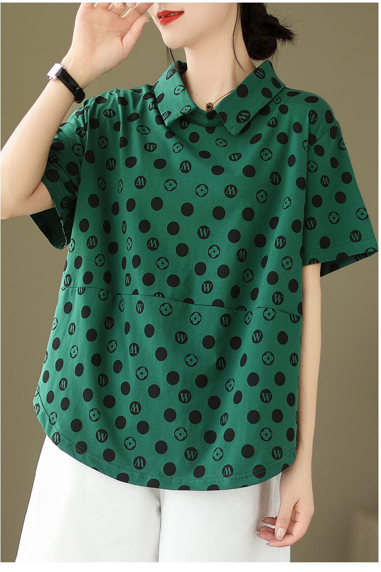 Loose Casual Polka Dot Print Polo Neck Top