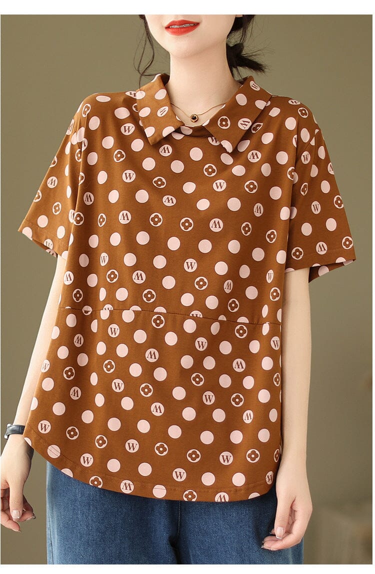 Loose Casual Polka Dot Print Polo Neck Top