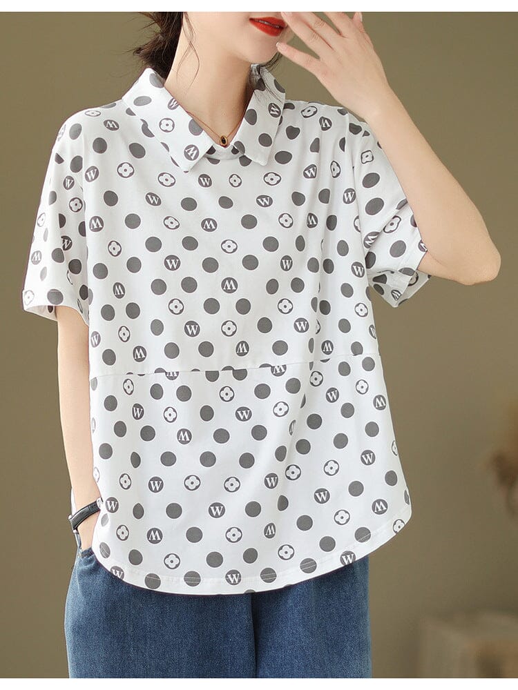 Loose Casual Polka Dot Print Polo Neck Top