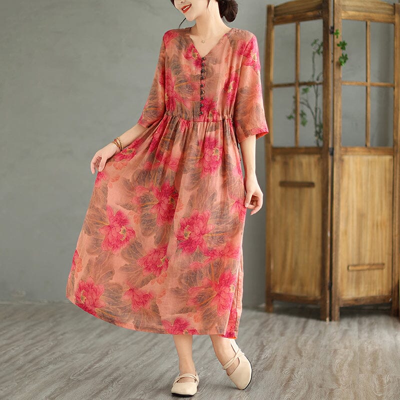 Casual Loose Retro Red Flower Print V-Neck Linen Dress
