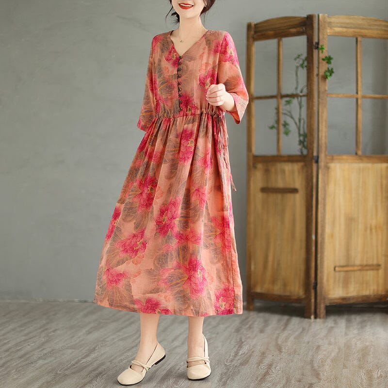 Casual Loose Retro Red Flower Print V-Neck Linen Dress