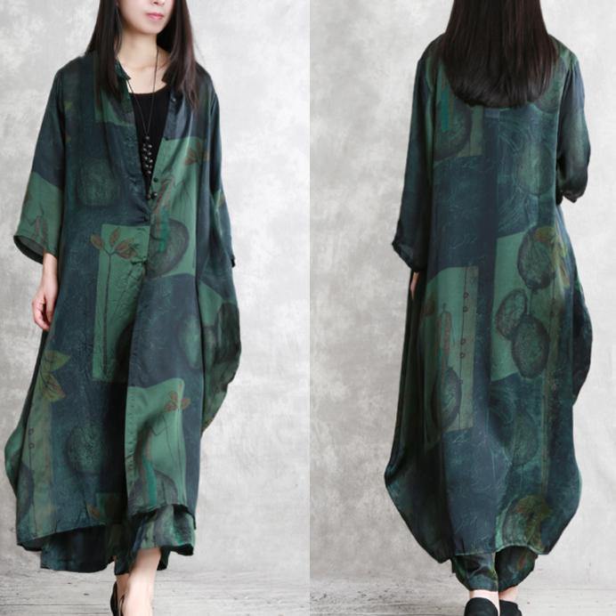 summer new green prints blended silk long shirts and elastic waist fashion two pieces - Omychic