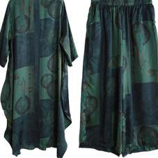 summer new green prints blended silk long shirts and elastic waist fashion two pieces - Omychic