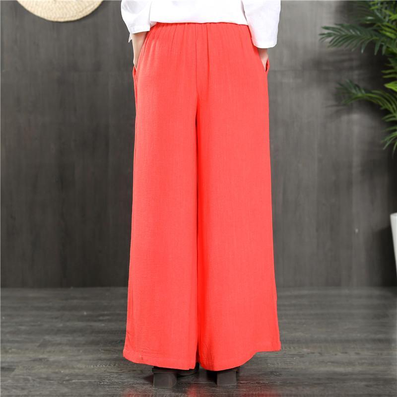 summer new orange linen casual trousers loose elastic waist wide leg pants - Omychic