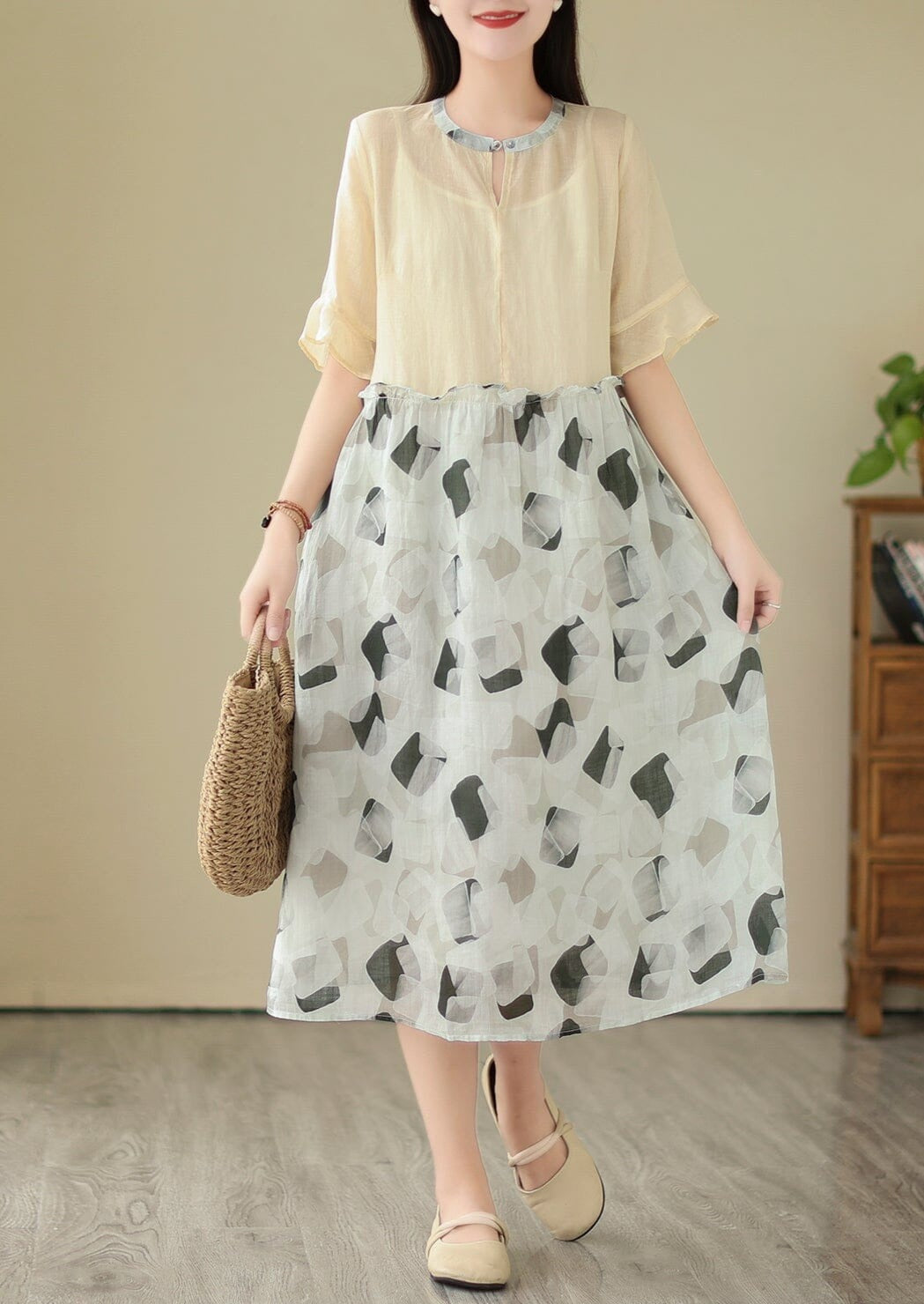 Women Patchwork Casual Fashion Linen Dress Short Sleeve