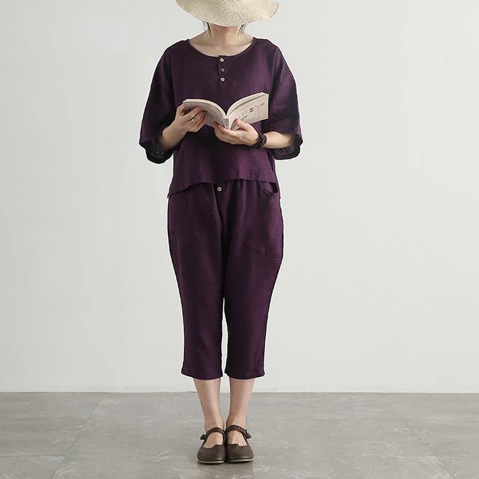 summer purple casual linen women two pieces short sleeve t shirt and elastic waist crop pants - Omychic