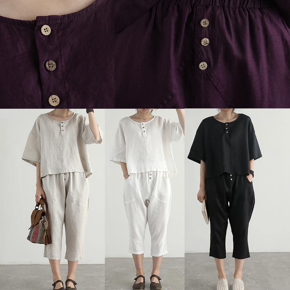 summer purple casual linen women two pieces short sleeve t shirt and elastic waist crop pants - Omychic
