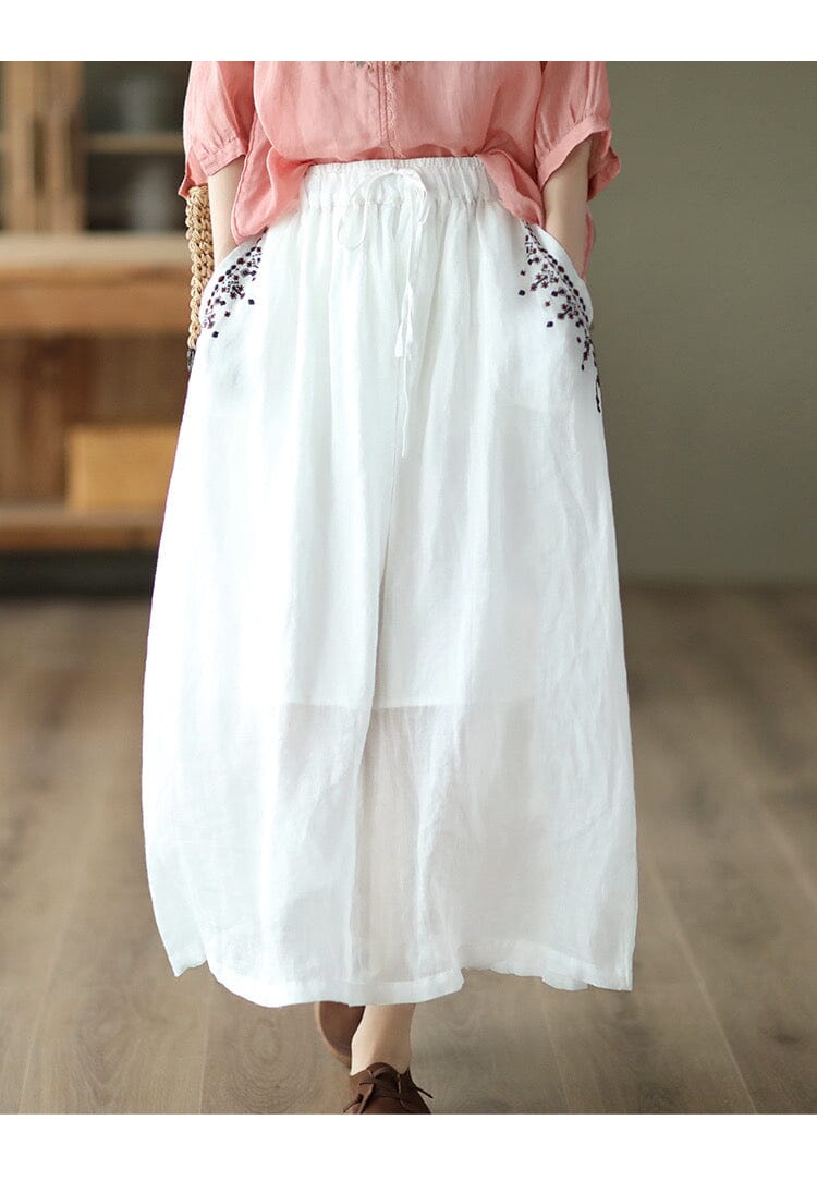 Summer Retro Casual Embroidery Linen A-Line Skirt