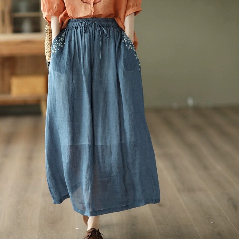 Summer Retro Casual Embroidery Linen A-Line Skirt