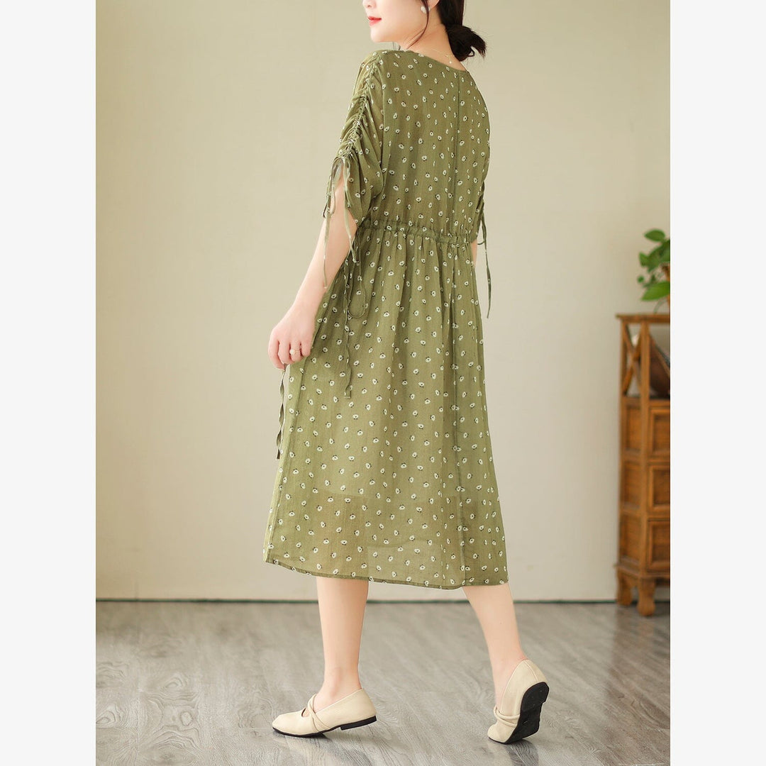 Loose Retro Casual Linen Floral Print Dress Half Sleeve