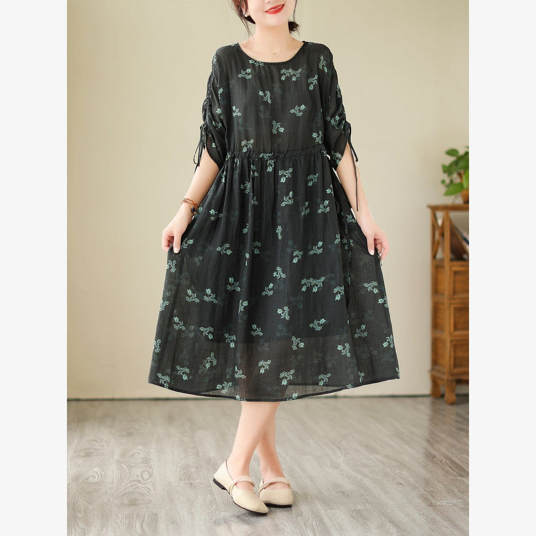 Loose Retro Casual Linen Floral Print Dress Half Sleeve