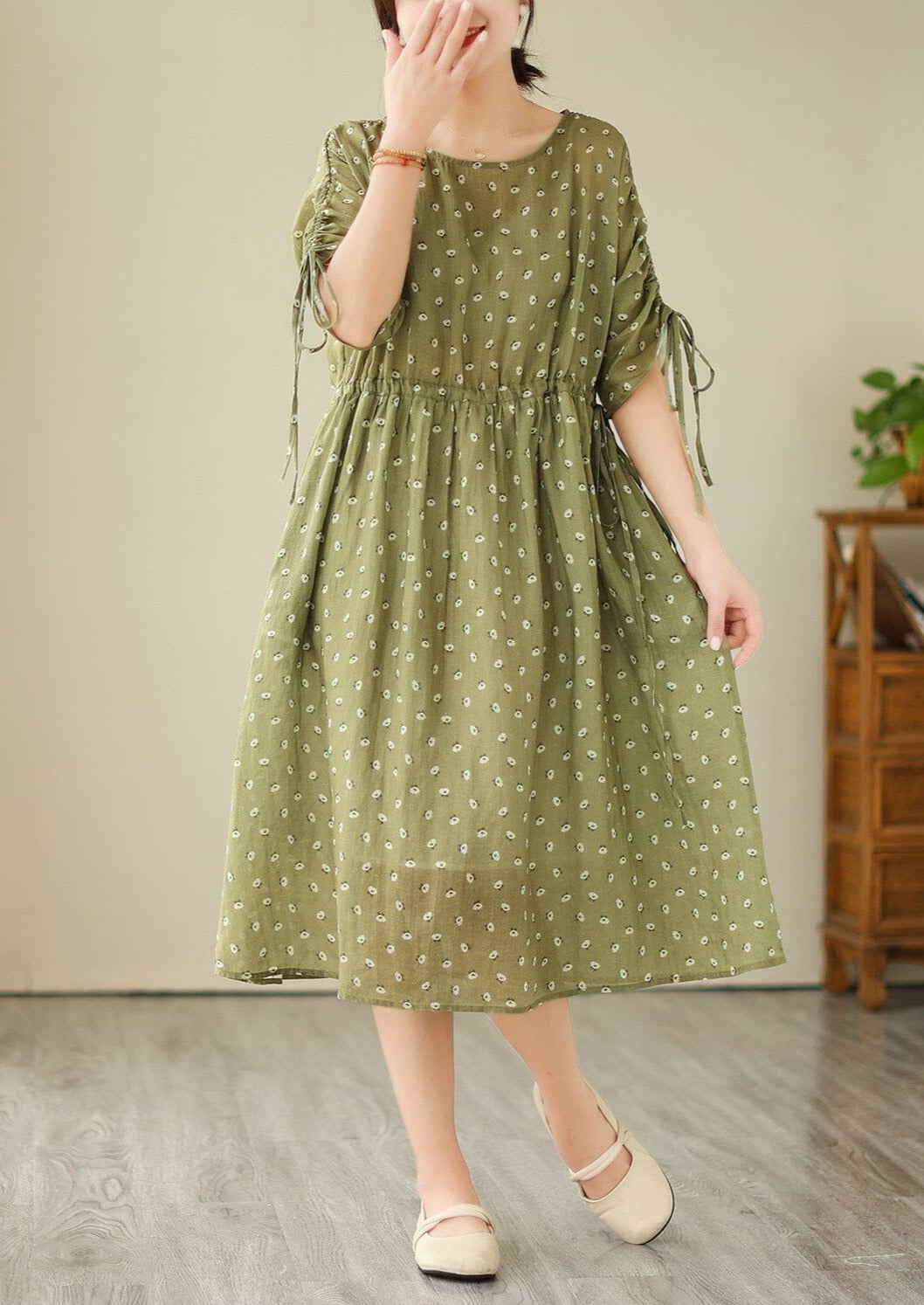 Loose Retro Casual Linen Floral Print Dress Half Sleeve