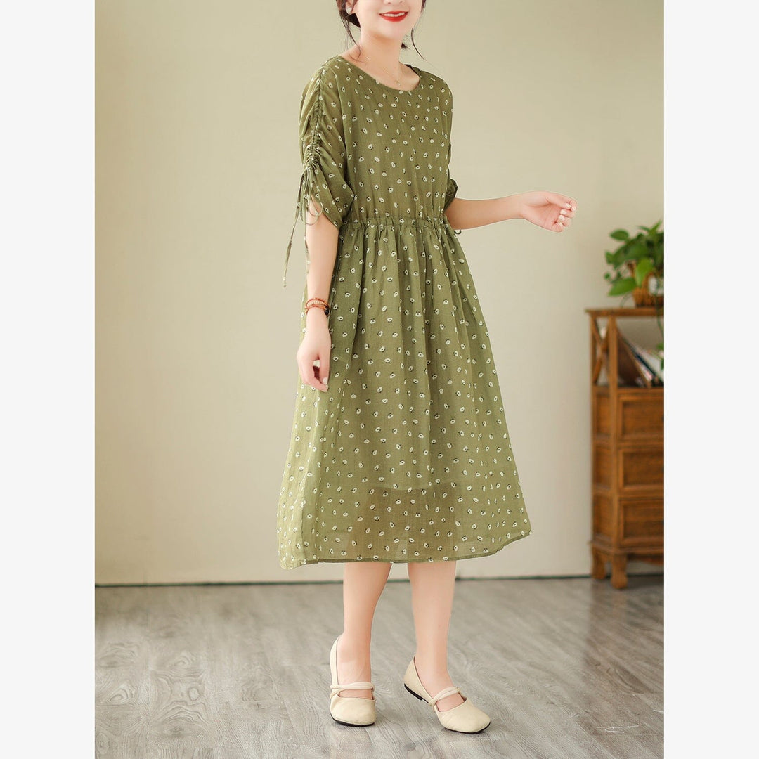Loose Retro Casual Linen Floral Print Dress Half Sleeve