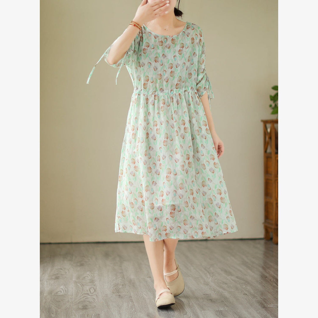 Loose Retro Casual Linen Floral Print Dress Half Sleeve