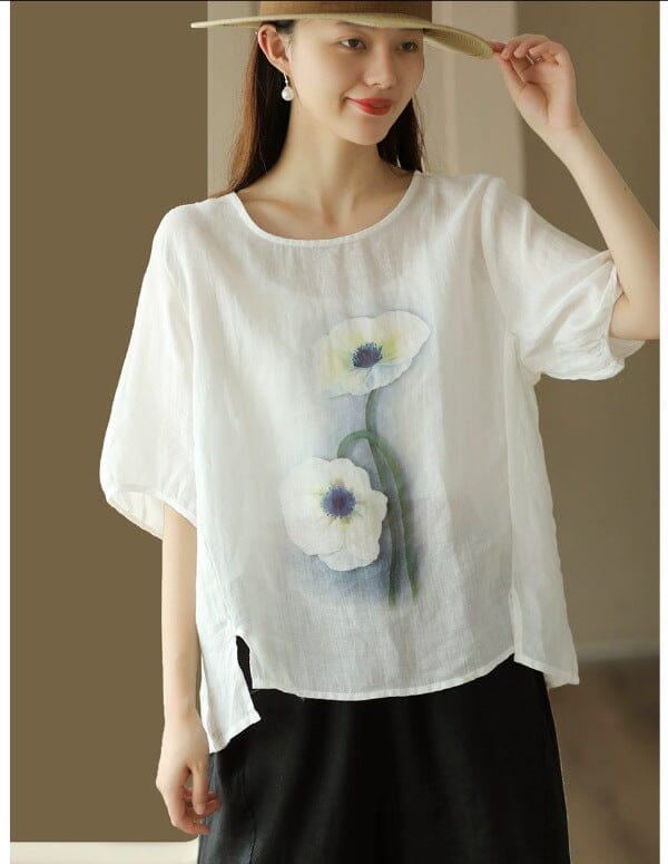 Summer Retro Flower Print Loose Linen T-Shirt Half Sleeve