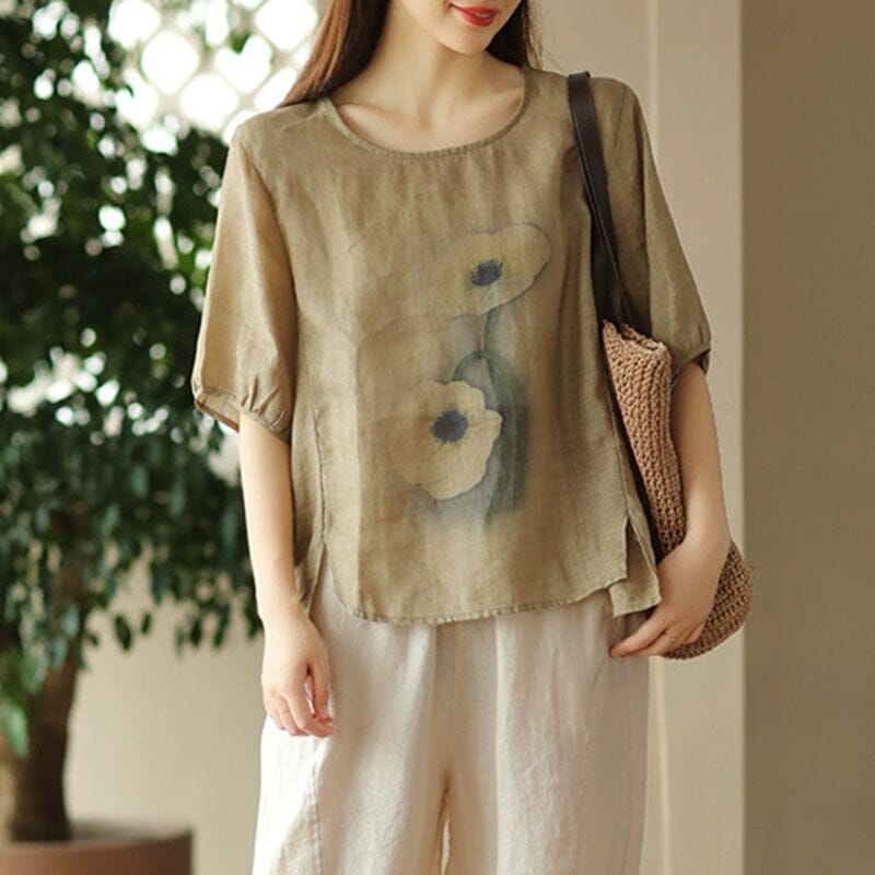 Summer Retro Flower Print Loose Linen T-Shirt Half Sleeve