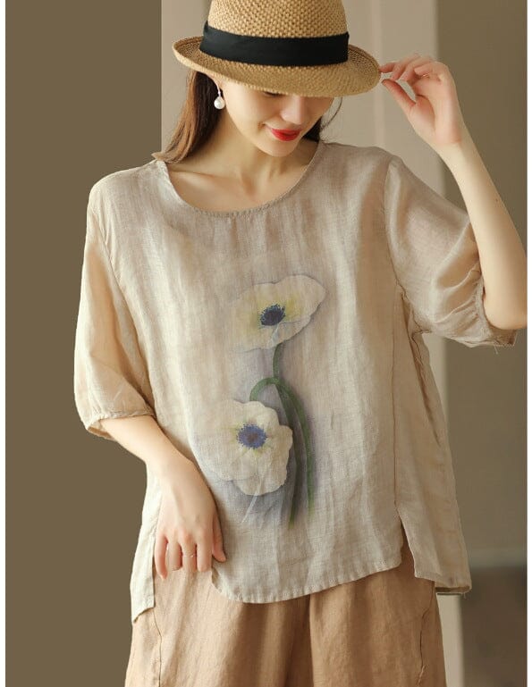 Summer Retro Flower Print Loose Linen T-Shirt Half Sleeve