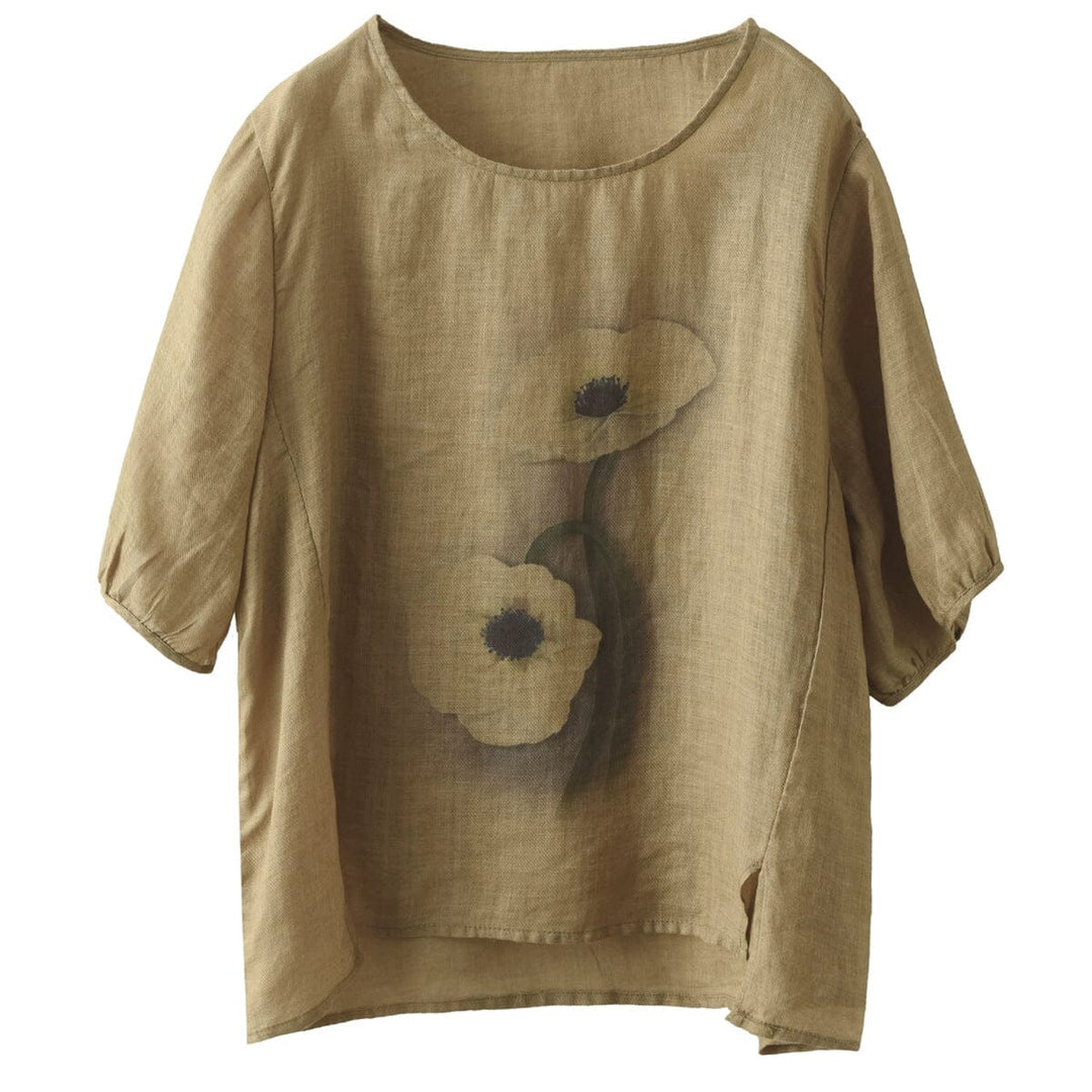 Summer Retro Flower Print Loose Linen T-Shirt Half Sleeve
